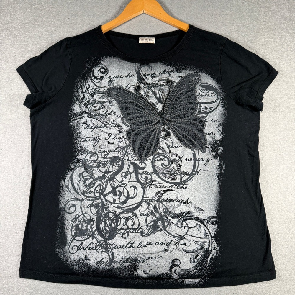 California Girlz Women Black Butterfly Script Beaded Graphic Shirt 3XL TJ8078X